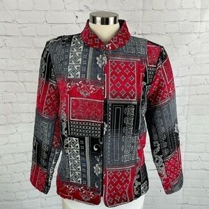 Christopher & Banks Zip Tapestry Blazer Red/Gray/Black Mandarin Collar Large